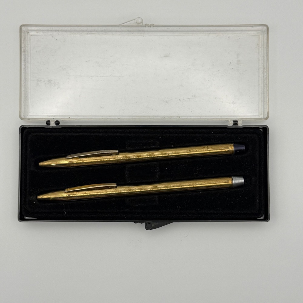 Vintage Gold Tone Ballpoint Pen Set USA Made Gold Ribbed Case 2pc Not Functional